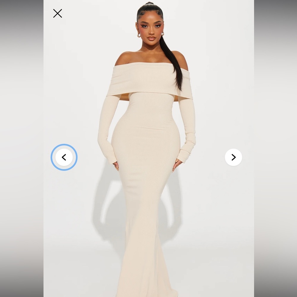 Nayeli Snatched Maxie Dress (Fashion Nova) Off-Shoulder Cream Bodycon Maxi Dress
